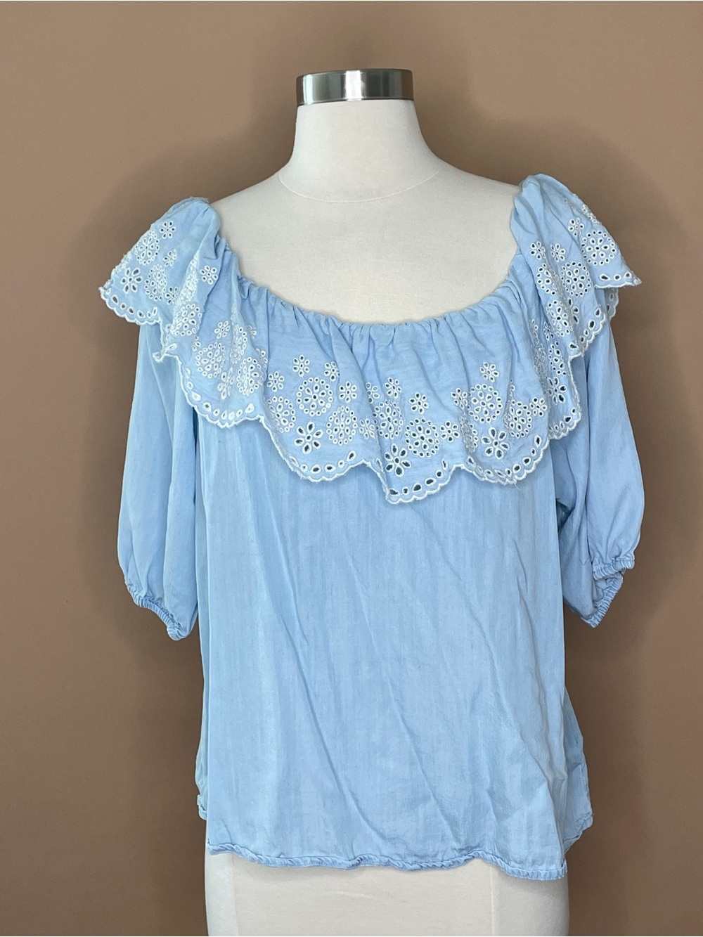 Time and Tru Light Blue Eyelet Off-Shoulder Blouse